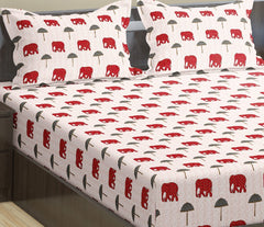 King Size For Double Bedsheet Elastic Fitted With 2 Pillow Cover - 72 X 75 Inches, Grey & Red | Lightweight & Breathable, For Bedroom & Gifting Bedsheet