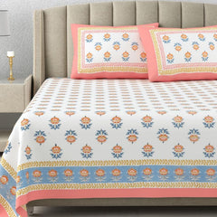 100% Cotton King Size Bedsheet With 2 Matching Pillow Covers - 90 X 108 Inches, Peach & White | Designer Printed Bedsheet Set - Naturally Soft, Breathable, & Skin-Friendly