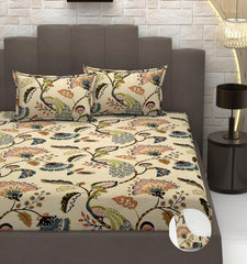 Premium Heavy Cotton Elastic Fitted King Size Bedsheet With 2 Pillow Covers - 72 X 78 X 10 Inches, Beige | All Weather Comfort & Bedroom