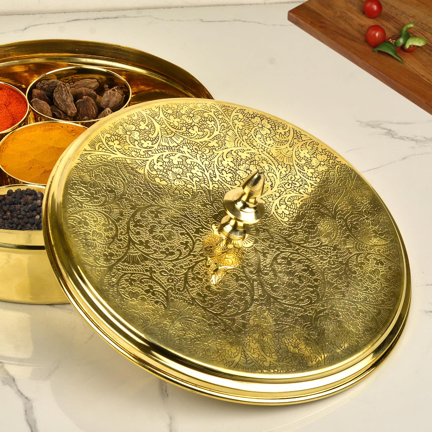 Premium Pure Brass Floral Etched Indian Spice Box For Kitchen With Spoon - 7 Containers, 80ml Each, Golden, Diameter - 7.2 Inches, Weight - 850gm | Peetal Masala Dani, Masala Dabba Premium Pure Brass Floral Etched Indian Spice Box For Kitchen With Spoon - 7 Containers, 80ml Each, Golden, Diameter - 7.2 Inches, Weight - 850gm | Peetal Masala Dani, Masala Dabba