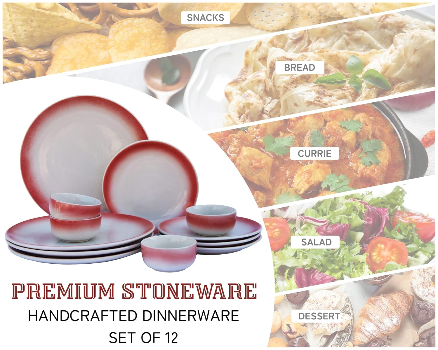 Handcrafted Ceramic Stoneware Dinner Set - Pack Of 12 Pcs, Off White & Red | 4 Dinner Plates, 10 Inch Each + 4 Small Plates, 7 Inch Each+ 4 Small Dinner Bowl, 180ml Each - Microwave & Dishwasher Safe Handcrafted Ceramic Stoneware Dinner Set - Pack Of 12 Pcs, Off White & Red | 4 Dinner Plates, 10 Inch Each + 4 Small Plates, 7 Inch Each+ 4 Small Dinner Bowl, 180ml Each - Microwave & Dishwasher Safe
