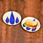 Hand Painted Ceramic Blue Leaf Quarter Plates Set Of 2 - 7 Inches, Blue & White | Dishwasher Safe Small Side Plates - Microwave Safe Snack Plates