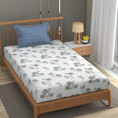 Soft Cotton Single Size Bedsheet With 1 Pillow Cover | 60 X 90 Inches, White & Blue | Anti-Fade Printed Design | 200 Thread Count