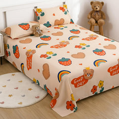 Kids Double Bed Bedsheet Set With 2 Pillow Covers - 88 X 100 Inches, Cream & Orange | Soft Bedding For Boys & Girls | Teddy Bear Design