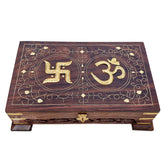 Wooden Om Box For Good Luck, Jewellery Box, Decorative Cash, Kit, Vanity | Organiser For Women, Necklaces, Cash, Gold Padestal Engraved 10 X 6, Colour - Brown