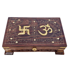 Wooden Om Box For Good Luck, Jewellery Box, Decorative Cash, Kit, Vanity | Organiser For Women, Necklaces, Cash, Gold Padestal Engraved 10 X 6, Colour - Brown