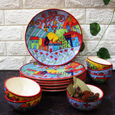 Exotic Panorama Hand Painted Ceramic Dinner Set - 12 Pieces, Multicolor | 6 Dinner Plates + 6 Katori Bowls, 180ml Each Dinnerware Set | Serving For 6, Microwave Safe & Dishwasher Safe