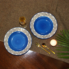 Blue Swirl Ceramic Pasta Plates - 2 Pieces | Hand Painted Multi Purpose Ceramic Deep Plates, Snack Plates, Starter Plates - 9 Inch, Microwave Safe & Dishwasher Safe