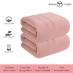 House Of Terry 100% Cotton Bath Towel 900 Gsm | Quick Dry, Fade-Resistant, Soft, Lightweight & Absorbent For Men & Women Large Size Towel (Baby Pink) - 2 Pcs