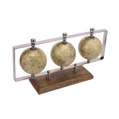 Triple Horizontal Globe Set Decorative Globes With Stand, Accessories For Table, Desk For Office, Shelves, Gifting, Home Decor (Silver/Mango Wood) Pack Of 1