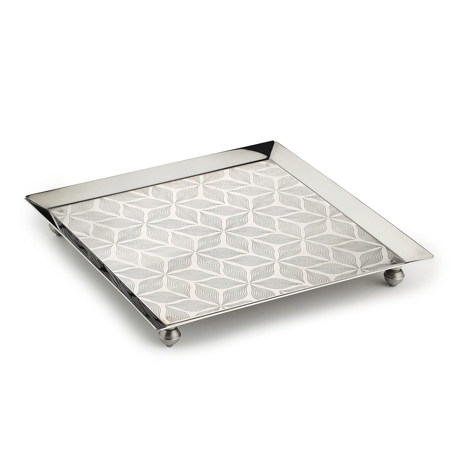 Designer Chrome Stainless Steel Square Platters With Legs - Large | Serving Tray For Food Dessert Fruit Coffee Tea - Square Engraved Pattern Designer Chrome Stainless Steel Square Platters With Legs - Large | Serving Tray For Food Dessert Fruit Coffee Tea - Square Engraved Pattern