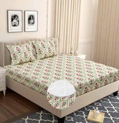 Cotton Elastic Fitted Bedsheets With 2 King Size Pillow Covers | 72 X 78 Inches, Almond & Pink - Double Bed Wrinkle Free With All Around Elastic 220 TC Super Soft
