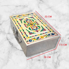 Stainless Steel Storage Boxes, Cash, Pooja Peti, Organizer, Vanity Box, Safe Locker, Cash Box With Handicrafts Digital Meenakari Laser Print Design - 9 Inch, Colour - Multicolour