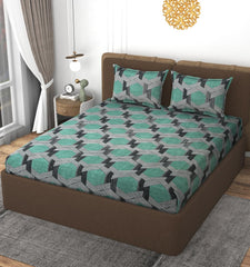 Double Bedsheet With 2 Pillow Covers Size 72 X 72 X 10 Inches, Green & Grey | Cotton Feel All Around Elastic Fitted - Queen Size Bedsheets, Super Soft