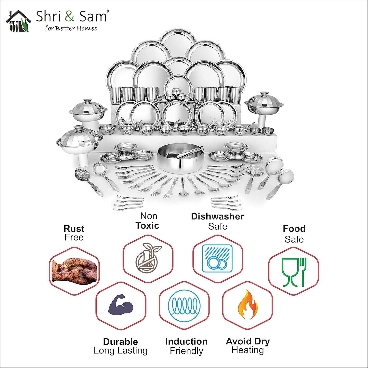Stainless Steel Delight Solid Dinner Set Of 90 Pieces, Silver | Easy To Clean & Dishwasher Safe Stainless Steel Delight Solid Dinner Set Of 90 Pieces, Silver | Easy To Clean & Dishwasher Safe