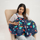 Nursing Pillow With Cape For Breastfeeding & Baby Care, Feeding Pillow - Black | 100% Cotton Removable Cover | Super Soft & Machine Washable, Spaceship Printed, Comfortable Pillow