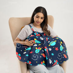 Nursing Pillow With Cape For Breastfeeding & Baby Care, Feeding Pillow - Black | 100% Cotton Removable Cover | Super Soft & Machine Washable, Spaceship Printed, Comfortable Pillow