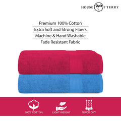 House Of Terry 100% Cotton Bath Towel 1000 Gsm | Quick Dry, Soft & Absorbent, Fade-Resistant, Skin-Friendly Large Size Towel (Paradise Pink & Blue) - Pack Of 2
