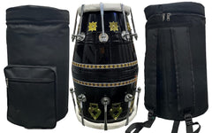 Professional Dholak With Glassy Black Finish Multi Feature Bag - Yellow Brown | Both Side Nut & Bold Fitting - Multi Feature Bag, Blat & Spinner