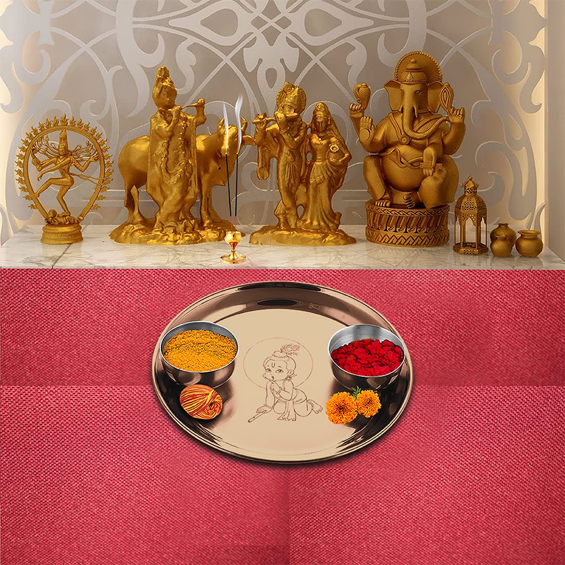 Stainless Steel Kanha Ji Pooja Thali Set Of 3, Rose Gold PVD Coating | 1 Pooja Thali+ 2 Katoris - Easy To Clean & Dishwasher Safe Stainless Steel Kanha Ji Pooja Thali Set Of 3, Rose Gold PVD Coating | 1 Pooja Thali+ 2 Katoris - Easy To Clean & Dishwasher Safe