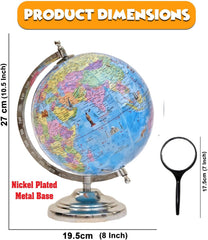 Educational Globe Rotating World Globe With Steel Finish Arc & Base + Magnifying Glass + World Political Map | For Kids Learning, Students & Home Decor, Office Desk, Combo Pack