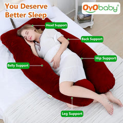 U-Shaped Pillow, Maternity Pillows For Pregnancy Sleeping, Full Body Support, Maroon | Maternity Pillow For Pregnant Women, Premium Velvet Cover, Washable, Multipurpose Pillow