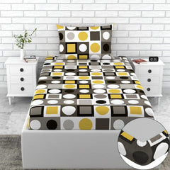 Cotton Elastic Fitted Bedsheet Single Bed With 1 Pillow Cover - 36 X 78 Inches, Grey & Yellow | Perfect For Everyday Use | Ultra-Soft & Breathable