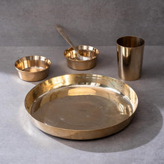 Bronze Kansa Solid Dinner Thali Set (Set Of 1), Gold | 1 Thali+ 2 Bowls+ 1 Glass+ 1 Spoon | Antique Look Set