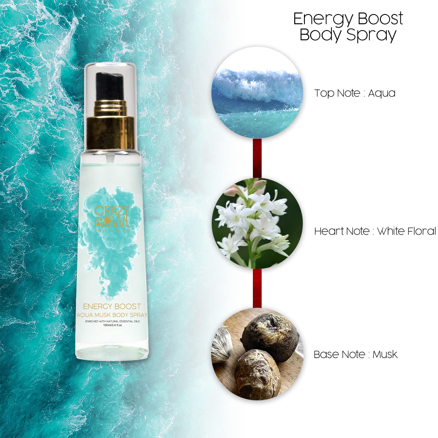 Crazy Owl Energy Boost Aqua Musk Body Spray 100ml 3.4 Fl.oz. Perfect For Daily Use, Long Lasting, No Gas | Everyday Perfume Mist For Men & Women Crazy Owl Energy Boost Aqua Musk Body Spray 100ml 3.4 Fl.oz. Perfect For Daily Use, Long Lasting, No Gas | Everyday Perfume Mist For Men & Women