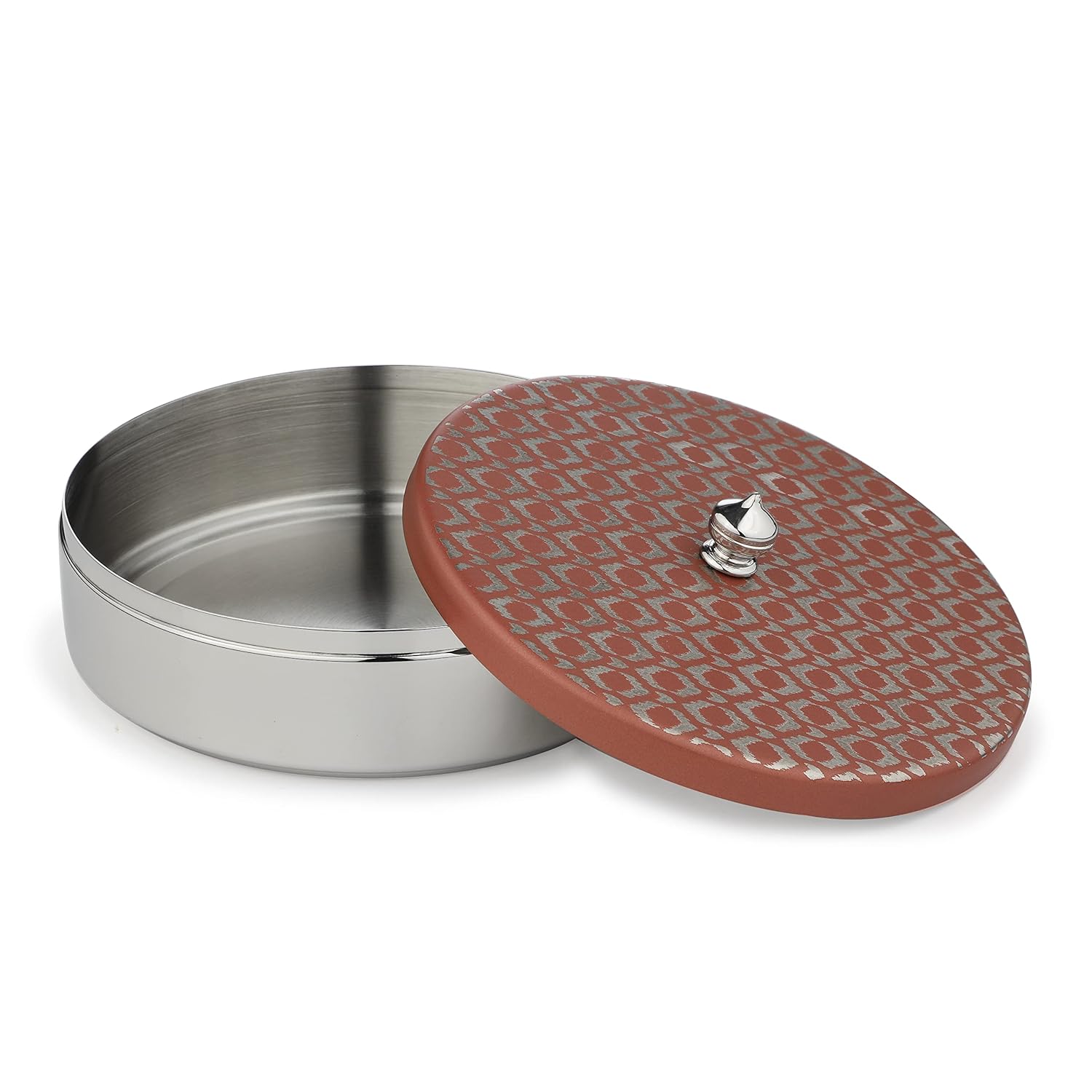 Designer Pink Stainless Steel Round Box With Lid - 480ml, Ikat Series | Tea Taper Dabara - Multipurpose Table Top Containers Jars Designer Pink Stainless Steel Round Box With Lid - 480ml, Ikat Series | Tea Taper Dabara - Multipurpose Table Top Containers Jars