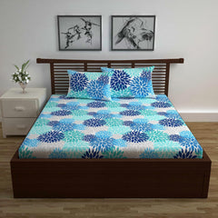 100% Pure Cotton Double Bedsheet For Queen With 2 Pillow Covers - 87 X 100 Inches, Grey & Blue | Soft & Durable For Everyday Use & Bedroom - All Season Comfort