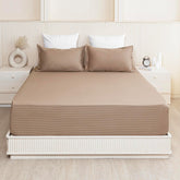210 TC Cotton Double Bed Fitted Bedsheets With 2 Pillow Cases - 78 X 72 Inches, Taupe | Satin Stripes Wrinkle Free | Comfortable Fabric Bedsheet