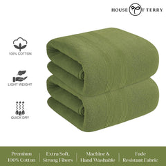 House Of Terry 100% Cotton Bath Towel 900 Gsm | Quick Dry, Fade-Resistant, Soft, Lightweight & Absorbent For Men & Women Large Size Towel (Olive Green) - 2 Pcs