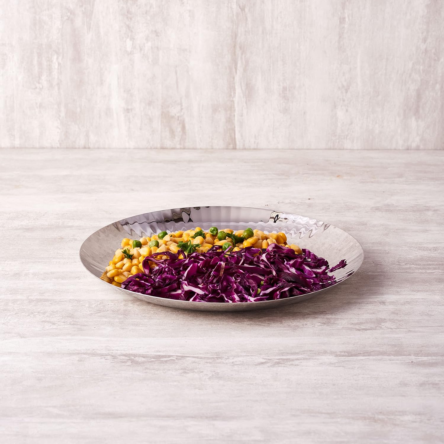 Silver Stainless Steel Serving Platter - Large, Rhythm Garden Series | Ribbed Pattern Pattern - Multipurpose Serving Tray For Sweets, Dry Fruits & Other Snacks | Serve Ware, Dinnerware & Tableware Silver Stainless Steel Serving Platter - Large, Rhythm Garden Series | Ribbed Pattern Pattern - Multipurpose Serving Tray For Sweets, Dry Fruits & Other Snacks | Serve Ware, Dinnerware & Tableware