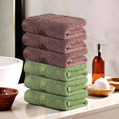 Heart Home Cotton Hand & Face Towels 1200 Gsm | For Men & Women Easily Washable Workout Gym Towel - Green & Brown (Pack Of 6)