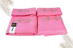 Comfigifts 100% Cotton 2 Bath & 2 Hand Towels 1400 Gsm | Soft, Absorbent, Lightweight Towels With Computerized Embroidery (Pink D1)