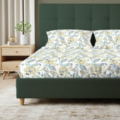 Cotton Floral Bedsheet For Double Bed, King Size With 2 Pillow Covers - 108 X 108 Inches, White & Blue | Ideal Gifting Choice For Housewarmings, Weddings, Or Anniversaries
