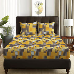 Double Bedsheet With 2 Pillow Covers - Queen Size 88 X 98 Inches, Mustard & Grey | Perfect For Home Decor & Gifting | 4 Pcs Bedding Set