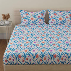 Double Bedsheet For King Size With 2 Pillow Covers - 108 X 108 Inches, Blue & Yellow | Beautiful Print For Luxury Bedsheets
