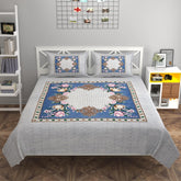Rajasthani Jaipuri Traditional Double Bedsheet With 2 Pillow Covers | 108 X 108 Inches, Teal & Grey - 100% Cotton King Size Block Printed Bedsheet