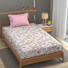 Soft Cotton Single Size Bedsheet With 1 Pillow Cover | 60 X 90 Inches, Pink & White | Anti-Fade Printed Design | 200 Thread Count