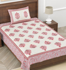 Soft Cotton Single Size Bedsheet With 1 Pillow Cover - 60 X 90 Inches, Cream & Red | Durable For Everyday Use - All Season Comfort