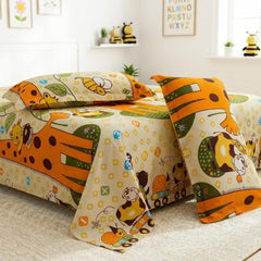 Kids Double Bed Bedsheet Set With 2 Pillow Covers - 88 X 100 Inches, Cream & Orange | Soft Bedding For Boys & Girls | Baby Animals Design