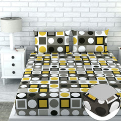 Printed Bedsheet For Double Bed 2 Pillow Cover - 60 X 78 Inches, Grey & Yellow | All Around Elastic Fitted - Ultra Soft & Breathable | Superior Softness & Breathability