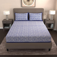 Handloom Printed Double Bedsheet For Queen Size With 2 Matching Pillow Cover | Size 90 X 100 Inches, Blue & White - Cotton Bedsheets For Double Bed | Soft & Smooth