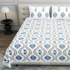 Pure Cotton King Size Bedsheet 2 Matching Pillow Covers | 100x108 Inches, White & Blue | Traditional Jaipuri Printed Bedsheet | Ideal Wedding Gift, Housewarming, Special Occasion Surprise