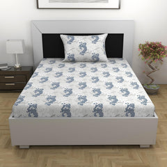 100% Cotton Single Bedsheet With 1 Matching Pillow Covers - 57 X 87 Inches, Grey & Blue | All Weather Comfort & Bedroom - Softness & Natural Breathability