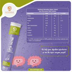 Nutrileague Super Enzyme Quick Relief Indigestion,100% Natural, Alpha Galactosidase, Lipase, Protease, Lactase Better Metabolism & Gut Health | 20 Effervescent Tablet, 100gm 0.2lbs Each Pack Of 2