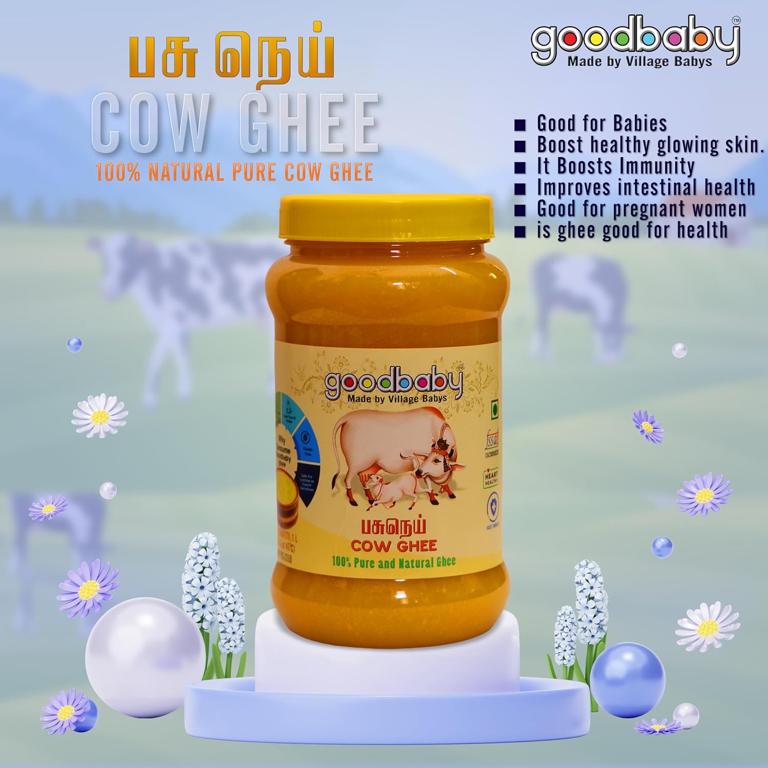 100% Natural Cow Ghee By Goodbaby Made In Village Babys | Traditional Curd-Churned Pure Cow Ghee Good For Heart Health | (250ml) 8.4 Ounce | Jar Pack 100% Natural Cow Ghee By Goodbaby Made In Village Babys | Traditional Curd-Churned Pure Cow Ghee Good For Heart Health | (250ml) 8.4 Ounce | Jar Pack