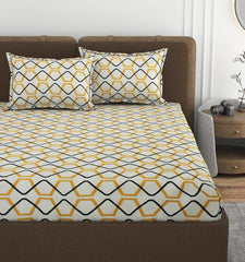 All Around Elastic Fitted Bedsheets King Size With 2 Pillow Covers | Double Size 72 X 78 X 10 Inches, White & Yellow - Ideal For Hotel, House, Bedroom, Guest House